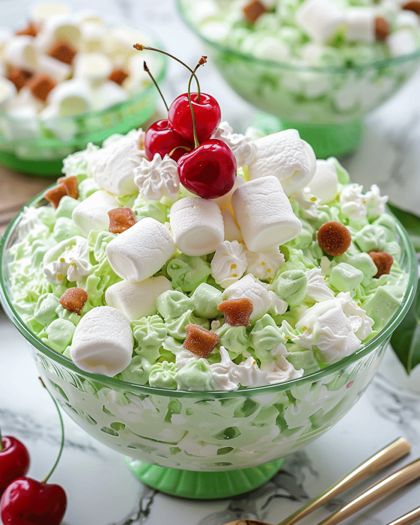 Green glass bowl filled with fluffy Watergate salad topped with mini marshmallows, whipped cream rosettes, red cherries, and small caramel bits.