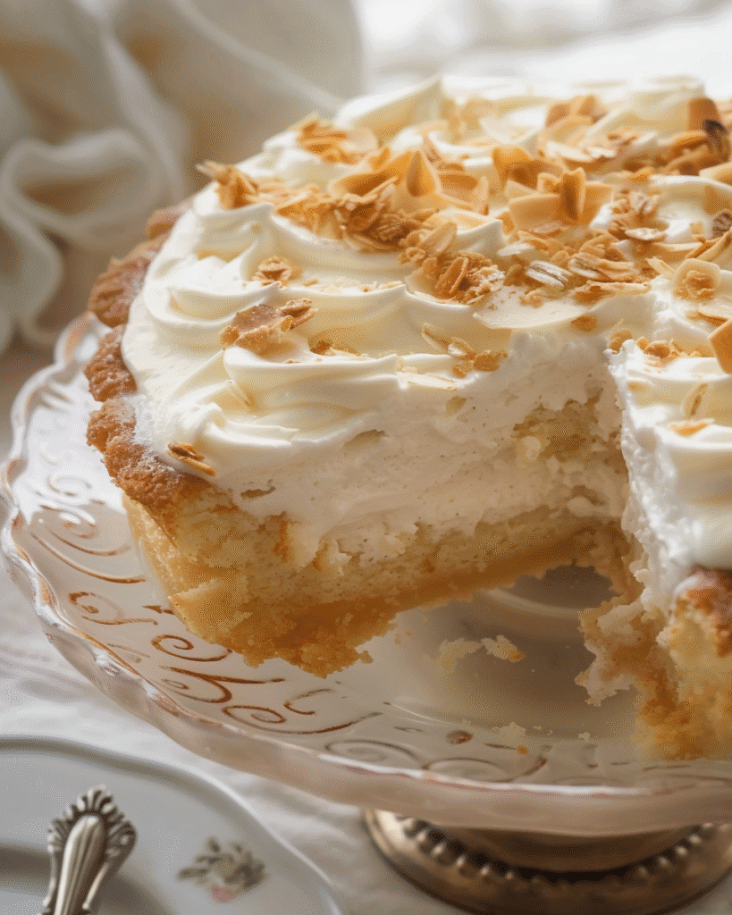 Coconut cream pie with a golden crust, topped with whipped cream and toasted coconut flakes, displayed on an elegant glass cake stand.
