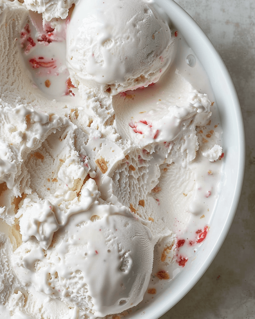 Scoops of creamy cottage cheese ice cream in a white bowl, with visible swirls of strawberry and bits of crumbled cookie.