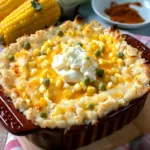 Baked cream cheese corn casserole topped with melted cheddar, green peas, and a dollop of sour cream in a red ceramic baking dish, with corn on the cob in the background.
