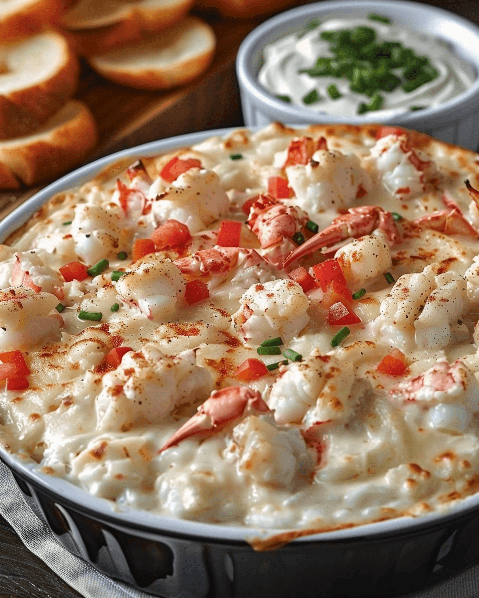 Hot crab dip in a white baking dish, topped with chunks of crab meat, diced tomatoes, melted cheese, and chives, served with sliced baguette and a side of chive-topped sour cream.