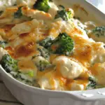 Baked casserole dish of creamy chicken divan with broccoli, cheese, and a golden bubbly top.