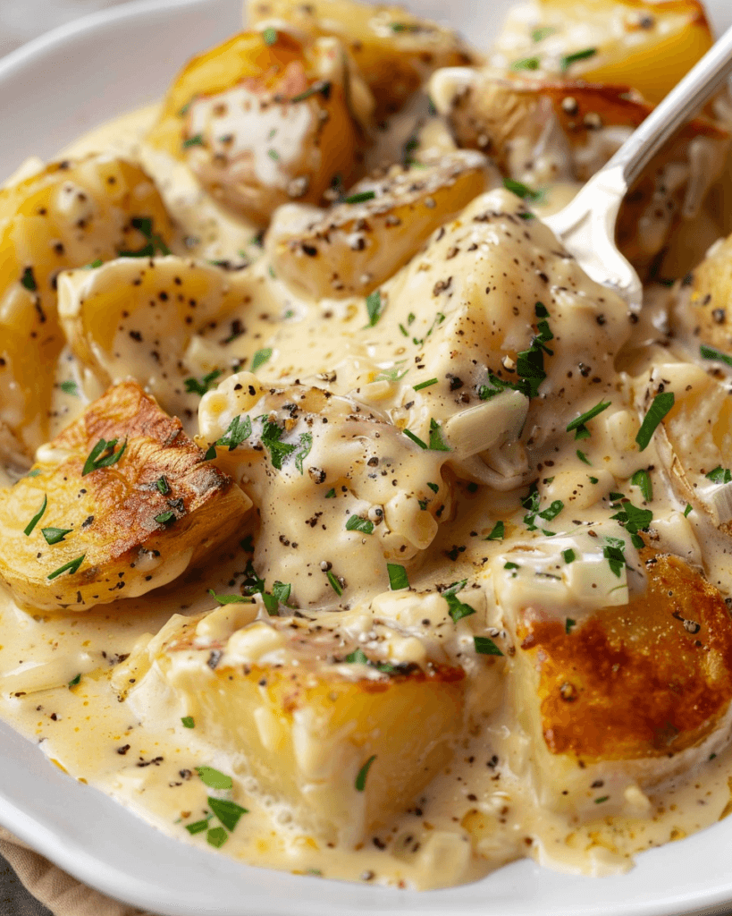 Close-up of golden roasted potato chunks smothered in a creamy garlic sauce, garnished with cracked black pepper and chopped parsley.