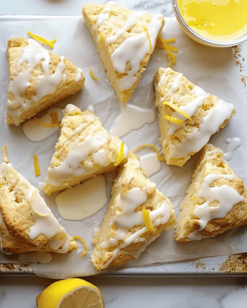 Overhead view of freshly baked lemon scones with white glaze and lemon zest ribbons, arranged in a circle on parchment paper with a bowl of lemon glaze nearby.