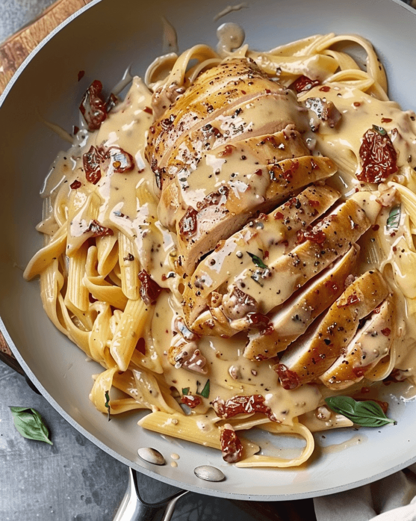 Sliced seared chicken breast served over penne pasta in a skillet, coated with a creamy sun-dried tomato sauce and garnished with herbs.