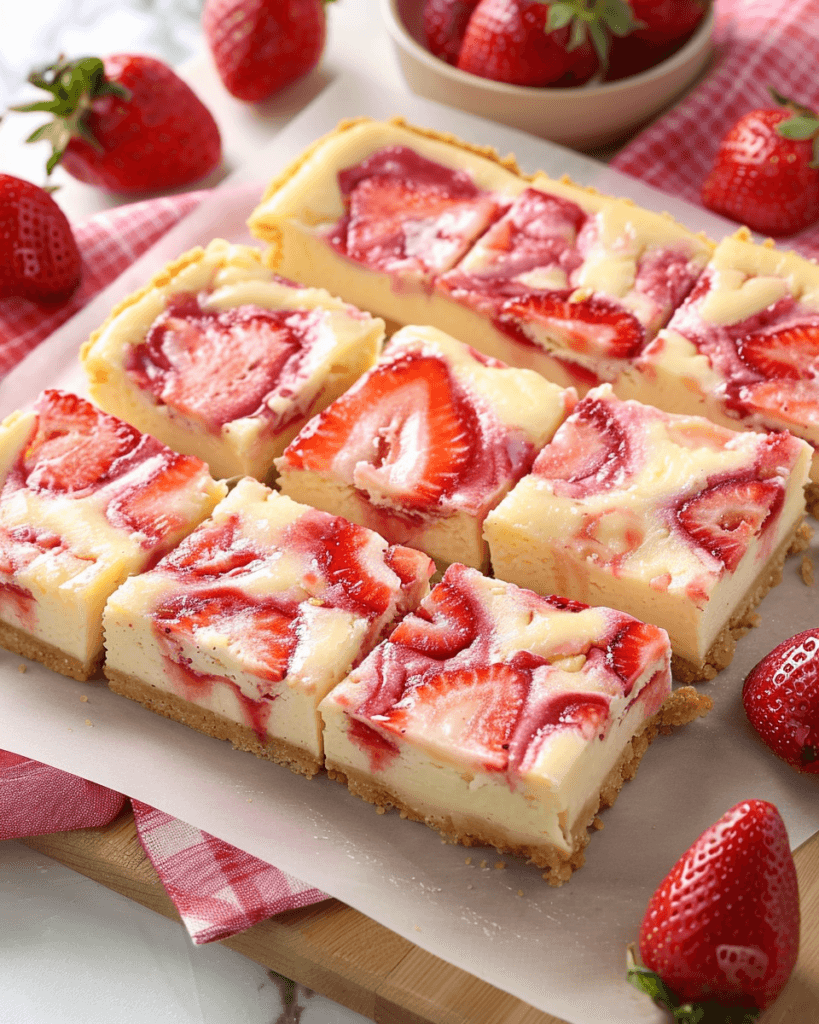 Close-up of sliced no-bake strawberry cheesecake bars with a graham cracker crust and fresh strawberry swirls on top.
