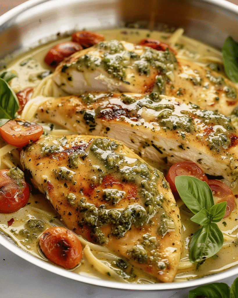 Seared chicken breasts topped with creamy pesto sauce, served over pasta with cherry tomatoes and fresh basil in a skillet.