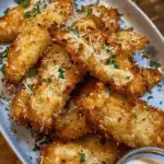 A plate of golden brown baked chicken tenders coated in garlic parmesan breadcrumbs, garnished with chopped parsley and served with a side of creamy dipping sauce.