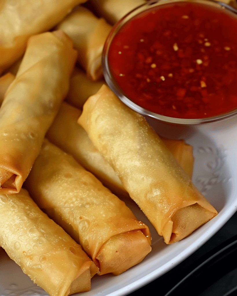 Golden-brown crispy chicken spring rolls served with a bowl of sweet chili dipping sauce.
