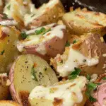 Close-up of crispy roasted red potatoes topped with melted Parmesan cheese, garlic, black pepper, and fresh parsley.