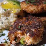 Crispy golden-brown salmon croquettes served with creamy risotto and avocado slices on a white plate.