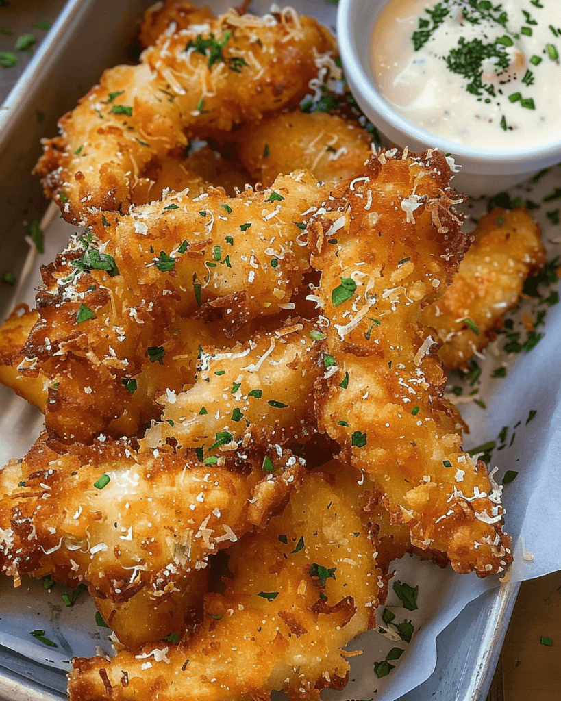 Golden, crispy chicken tenders topped with grated parmesan and chopped parsley, served in a tray with a side of creamy dipping sauce.