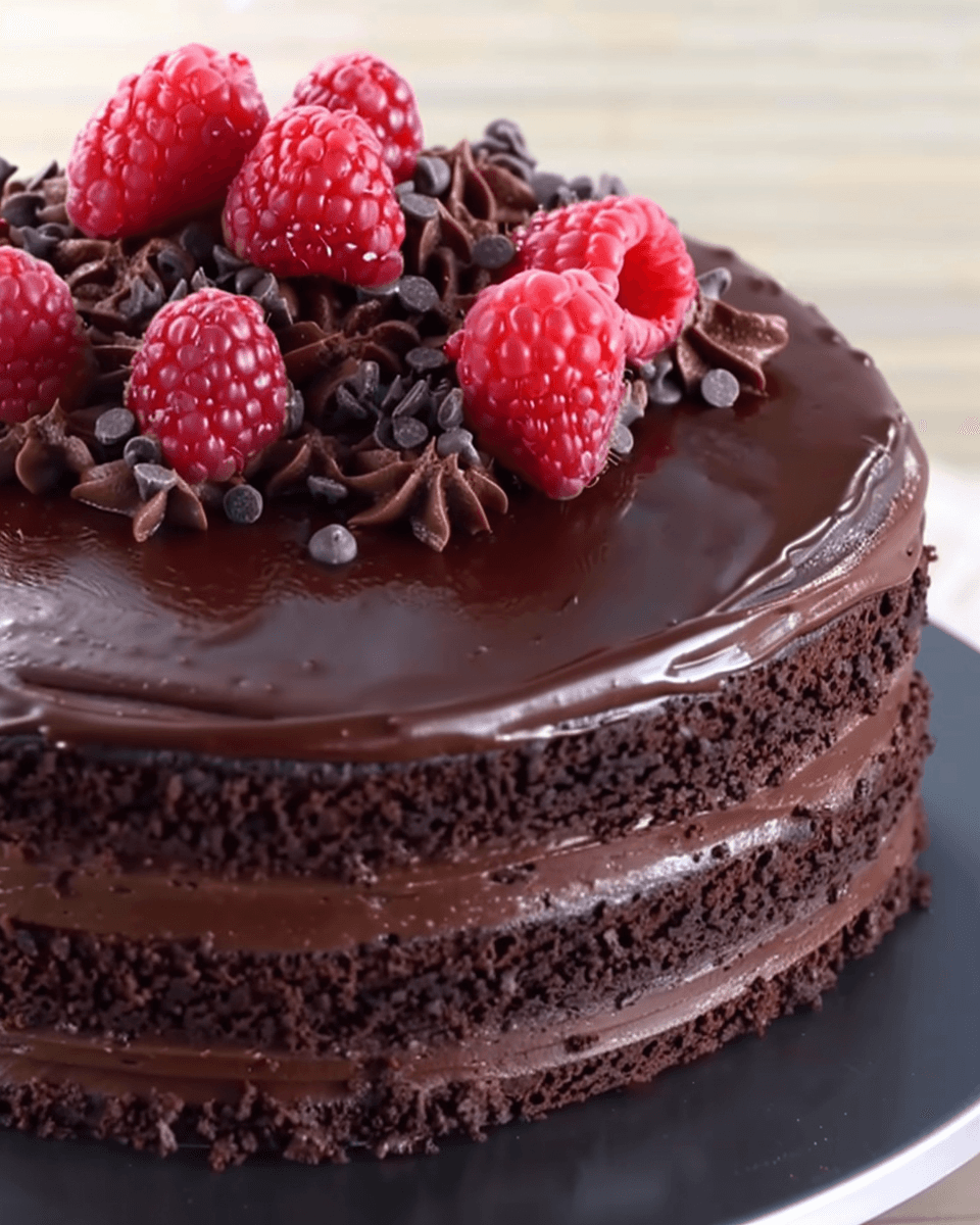 A rich layered chocolate truffle cake topped with fresh raspberries, chocolate ganache, piped chocolate cream, and mini chocolate chips.