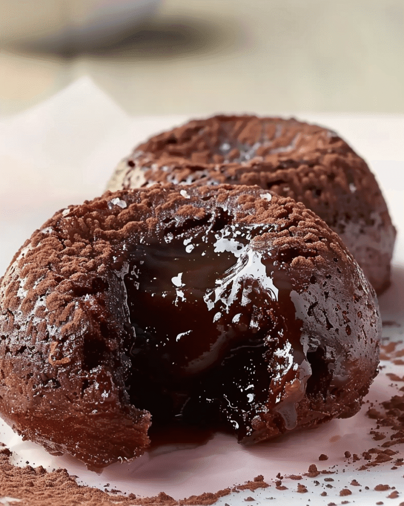 Two chocolate lava cakes on parchment paper, one with rich molten chocolate flowing from the center and dusted with cocoa powder.