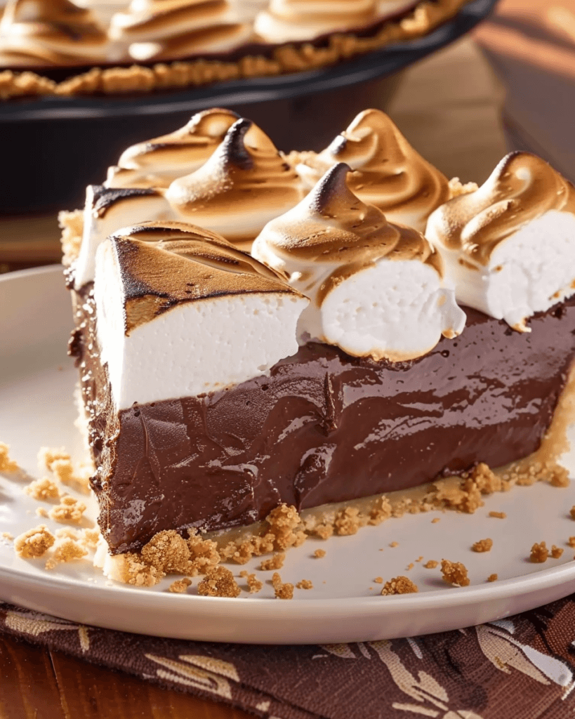 A slice of s'mores pie with a thick chocolate filling, golden graham cracker crust, and perfectly toasted meringue topping, served on a white plate.