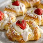 Flaky cream cheese danishes topped with a drizzle of icing, a fresh strawberry, and a dusting of powdered sugar on a white tray.
