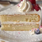 A close-up of a slice of fluffy vanilla cake with white frosting, topped with raspberries, sprinkles, and whipped cream.