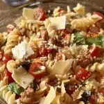 Close-up of a bruschetta pasta salad with rotini and bowtie pasta, cherry tomatoes, basil, shaved parmesan, olives, pine nuts, and crumbled sausage in a glass bowl.
