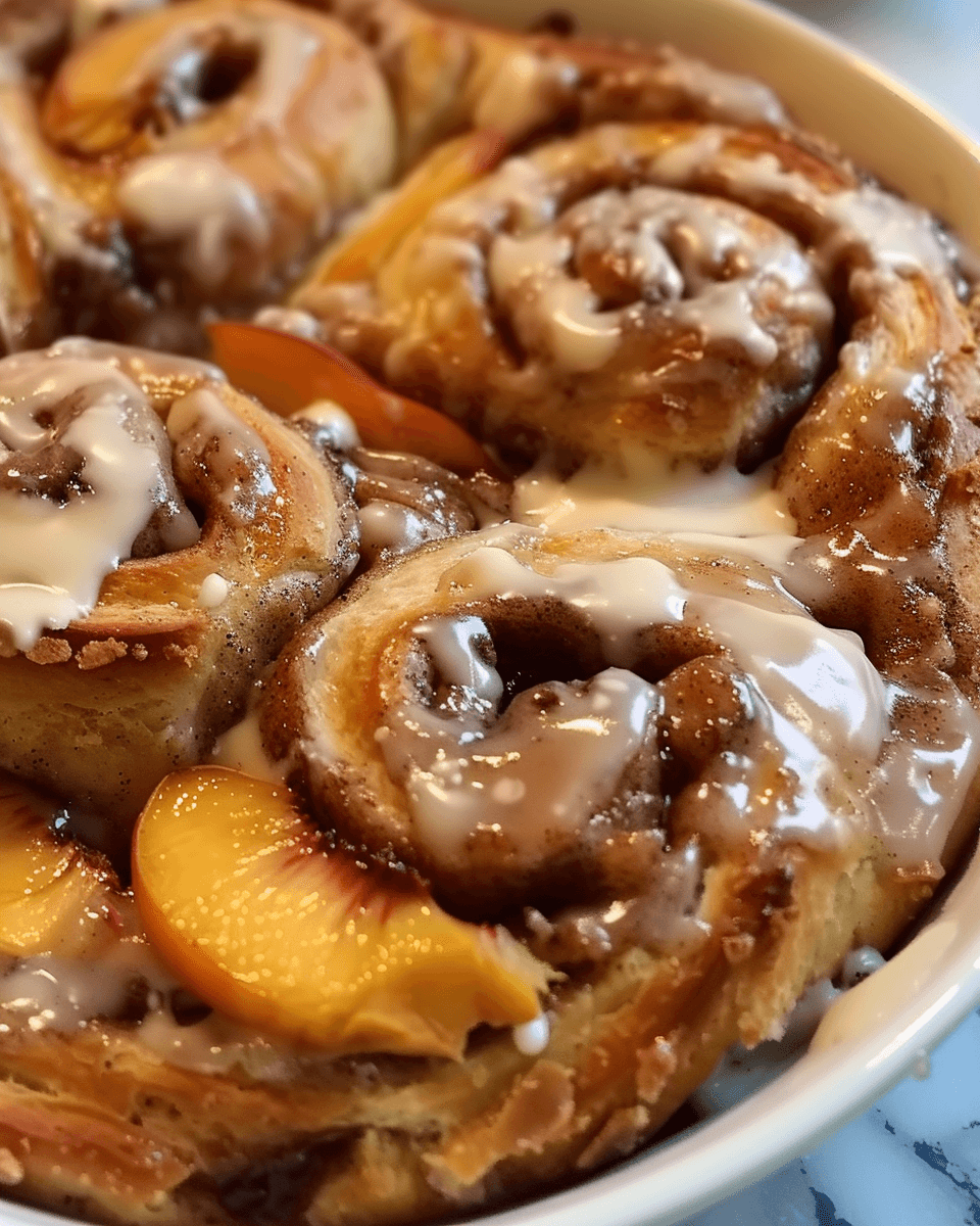Close-up of freshly baked peach cobbler cinnamon rolls drizzled with icing and layered with peach slices and cinnamon sugar filling.