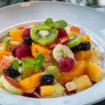 Colorful fruit salad featuring kiwi, banana, raspberries, blackberries, melon, and peaches, garnished with mint leaves and drizzled with honey lime dressing.