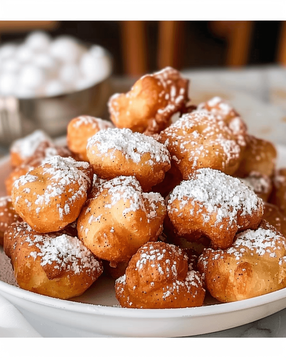 A plate of golden-brown funnel cake bites generously dusted with powdered sugar.