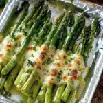 Grilled asparagus spears baked in foil, topped with melted cheese, garlic, and chopped fresh herbs.