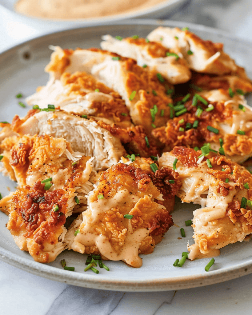 Plate of crispy fried chicken breast slices drizzled with spicy mayo and garnished with chopped chives.