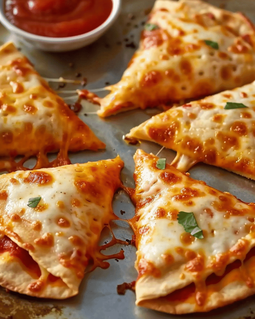 Crispy, golden-brown tortilla pizza pockets filled with melted cheese and tomato sauce, garnished with fresh herbs and served with marinara dipping sauce.