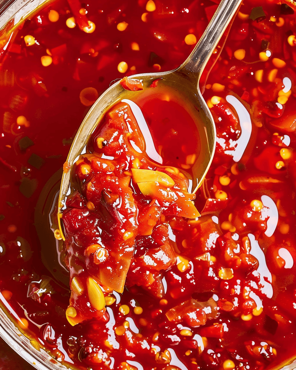 Close-up of a spoonful of vibrant red homemade sweet chili sauce with visible chili flakes, garlic slices, and a glossy, thick texture.