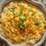 Bowl of creamy skillet corn topped with honey butter, sprinkled with paprika and chopped chives