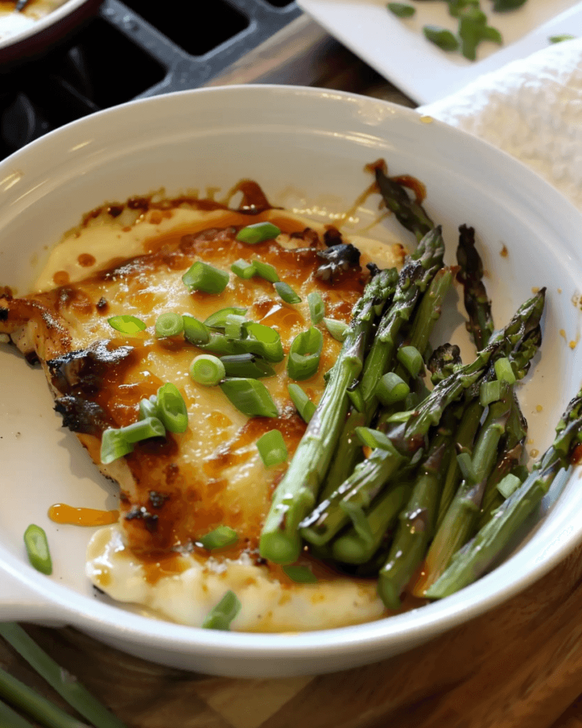 A plate of honey mustard glazed chicken served over creamy mashed potatoes with a side of cheesy roasted asparagus, garnished with chopped green onions.