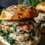 A gourmet chicken burger stacked with grilled spinach-infused chicken patties, melted white cheddar cheese, and sautéed spinach on a toasted sesame brioche bun.