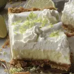 A close-up of a creamy key lime pie bar with a graham cracker crust, whipped cream topping, and lime zest garnish.