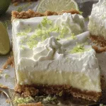 A close-up of a creamy key lime pie bar with a graham cracker crust, whipped cream topping, and lime zest garnish.