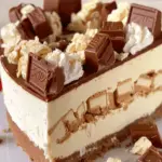 A slice of KitKat cheesecake with visible layers of milk and white chocolate, topped with whipped cream, popcorn, and chunks of KitKat bars.