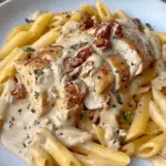 Plate of penne pasta topped with creamy sauce, sun-dried tomatoes, fresh basil, and a seared chicken breast.