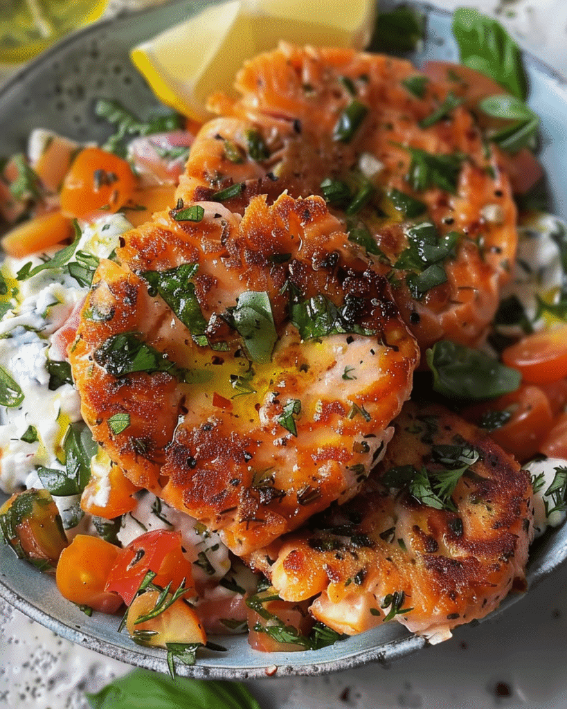 Close-up of crispy Mediterranean salmon patties garnished with fresh herbs and served over a creamy tzatziki sauce with chopped cherry tomatoes.