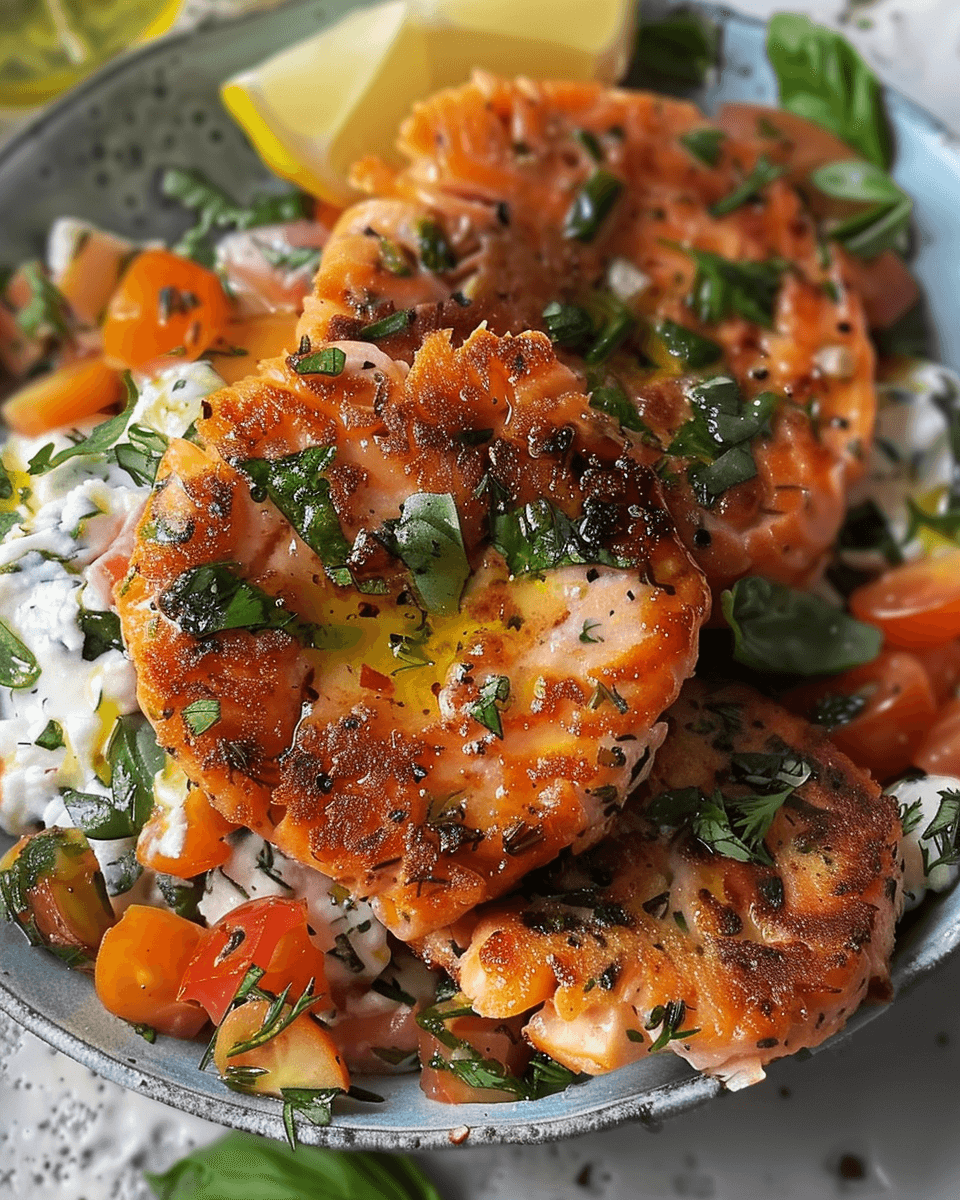 Close-up of crispy Mediterranean salmon patties garnished with fresh herbs and served over a creamy tzatziki sauce with chopped cherry tomatoes.