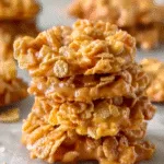 Stack of no-bake peanut butter cornflake cookies with a glossy, chewy texture and golden-brown color, sitting on parchment paper.