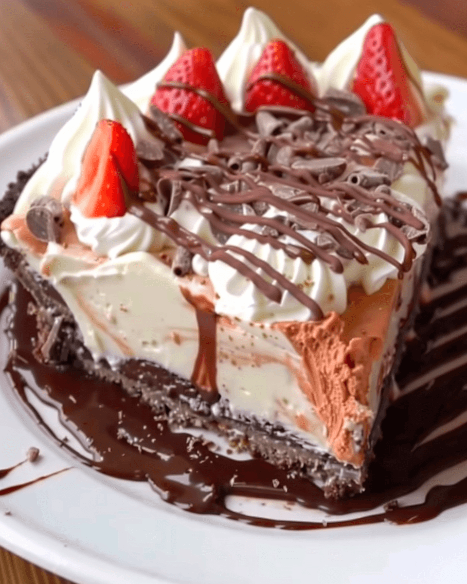 Slice of layered chocolate and vanilla cream pie with a cookie crust, topped with whipped cream, fresh strawberries, chocolate shavings, and a drizzle of chocolate sauce.