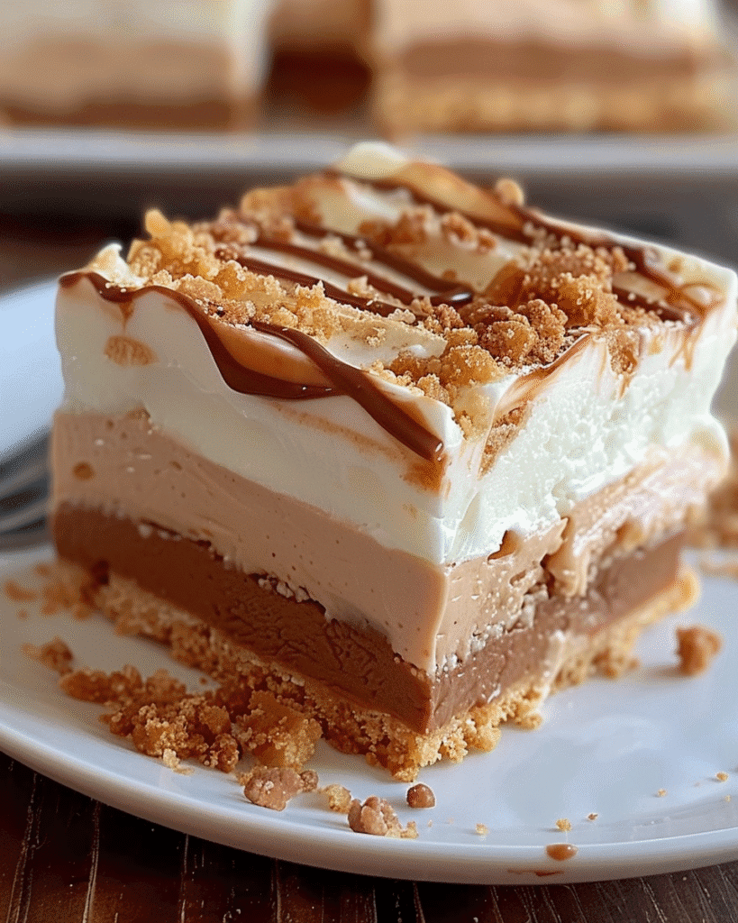 A square slice of no-bake dessert featuring thick layers of chocolate, Nutella, and creamy white cheesecake on a golden cookie crust, topped with a drizzle of Biscoff spread and crumbled cookies.