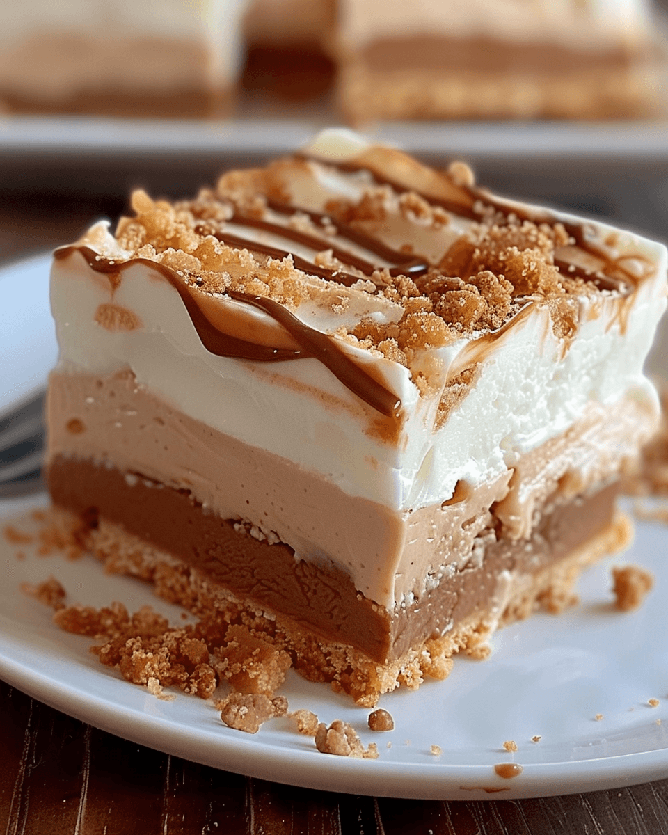 A square slice of no-bake dessert featuring thick layers of chocolate, Nutella, and creamy white cheesecake on a golden cookie crust, topped with a drizzle of Biscoff spread and crumbled cookies.