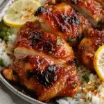 Close-up of glazed pan-fried honey butter chicken thighs served over white rice with peas and garnished with lemon slices and fresh herbs.