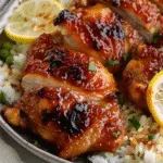 Close-up of glazed pan-fried honey butter chicken thighs served over white rice with peas and garnished with lemon slices and fresh herbs.