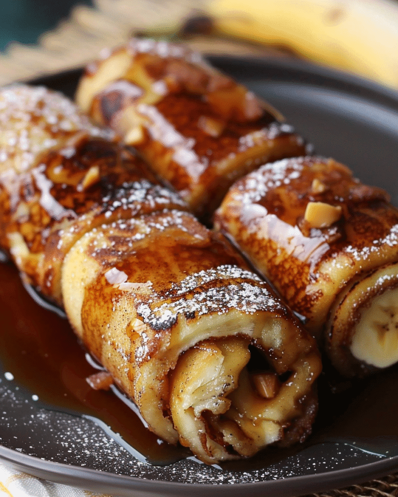 Three rolled French toast wraps filled with banana and peanut butter, topped with maple syrup, chopped nuts, and powdered sugar on a dark plate.