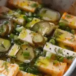 Cheese cubes marinated in a briny pickle and herb mixture with sliced pickles, fresh dill, green onions, and cracked black pepper.