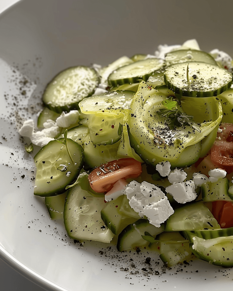 A fresh cucumber salad with sliced cucumbers, tomatoes, crumbled feta cheese, herbs, and cracked black pepper served in a white bowl.