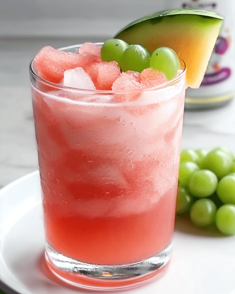 A chilled glass of pink watermelon slush with ice, topped with green grapes and a fresh watermelon wedge, served on a white plate.