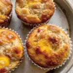 Four golden-brown savory muffins in white paper liners, baked with visible chunks of cheese and bits of sausage or bacon, set in a round metal baking pan.