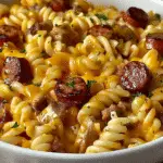 Bowl of creamy rotini pasta mixed with pieces of smoky beef sausage, shredded chicken, cheddar cheese sauce, and garnished with fresh herbs.
